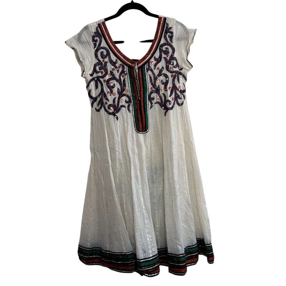 Women's Zari Jaipur Short Sleeve Flowy Dress Sheer Embroidered Medium